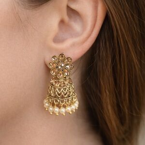 Gold Tone Kundan Jhumka Earrings | Traditional Indian Pearl Drop Bell Earrings